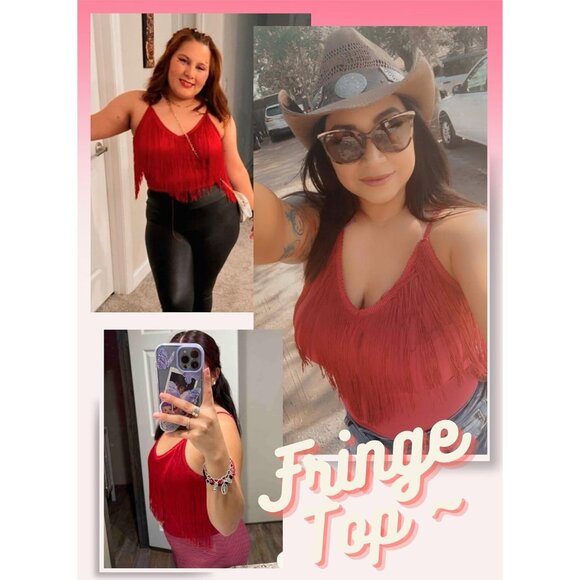 Women's Red Fringe Tank Top Western Festival Clothing Cowgirl V Neck Outfits - Picture 6 of 6